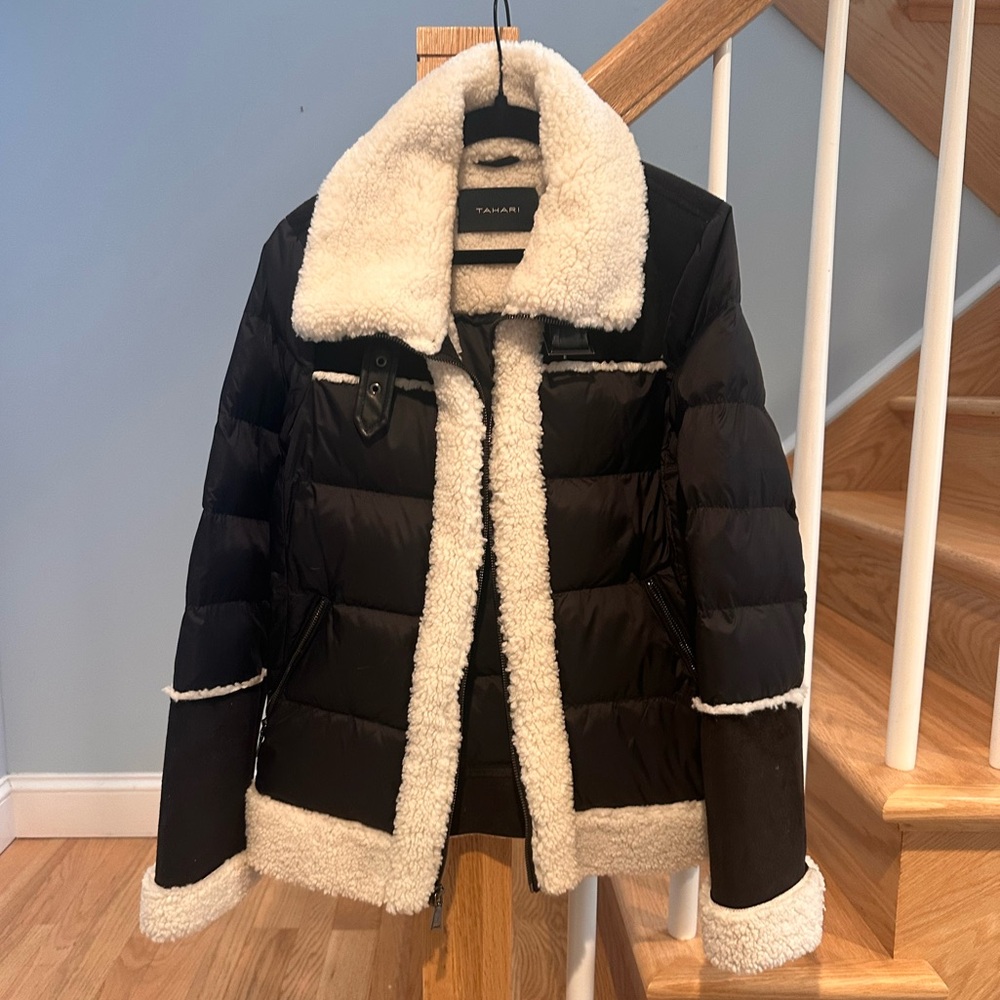 Tahari Women's Black and Cream Fur Puffer Jacket